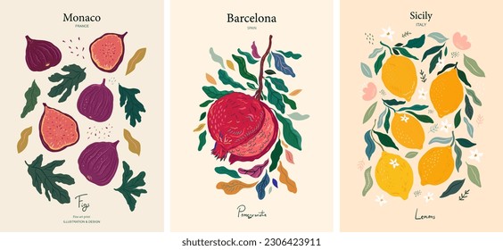 Set of posters with fruits. Vector collection. Barcelona, Monaco, Sicily