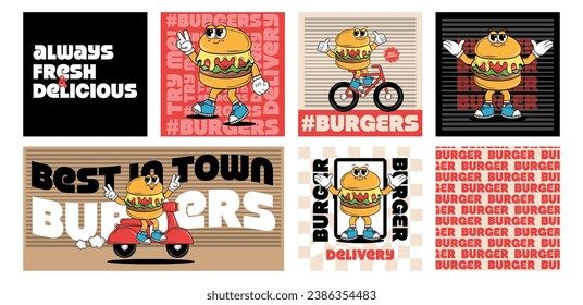 Set of posters with funky cartoon Characters Burgers, Pizza and Drink in groovy style. Retro card for delivery service. Vintage hippie design for bar, restaurant, cafe, social media,posts. Vector art