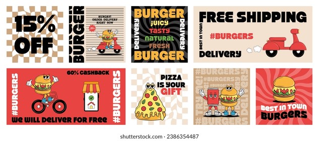 Juego de afiches con divertidos personajes de caricatura Burgers, Pizza y Bebida en estilo groovy. Tarjeta retro para el servicio de entrega. Diseño hippie vintage para bar de hamburguesas, restaurante, café, medios sociales. vector