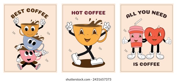 A set of posters with funny characters in groove style. Vintage vector illustration of coffee mascots. Latte, cappuccino, coffee cup and heart mascot. Retro 60s, 70s, 80s.