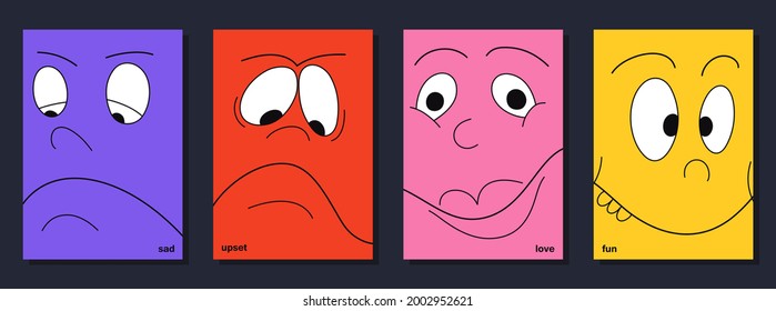 Set of posters with funny different emoticons. Bright modern design in comic style. Vector graphics 