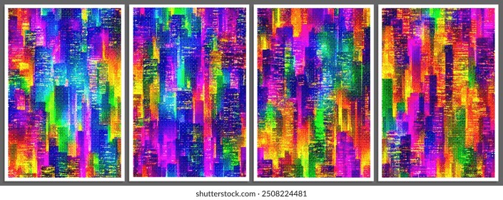Set of posters with futuristic colorful neon night city in cyberpunk or retrowave pixel art style. Retro 8-bit cityscape background for cover, flyer, magazine or banner. Vector illustration in 8-bit