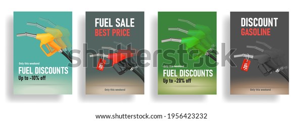 Set of posters for\
gas station with refuelling gun or nozzel in motion illustration\
and discounts promo text