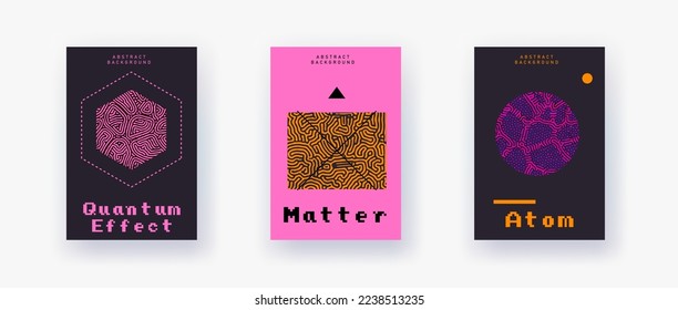 Set of posters with geometric abstract shapes with organic pattern of colorful lines.