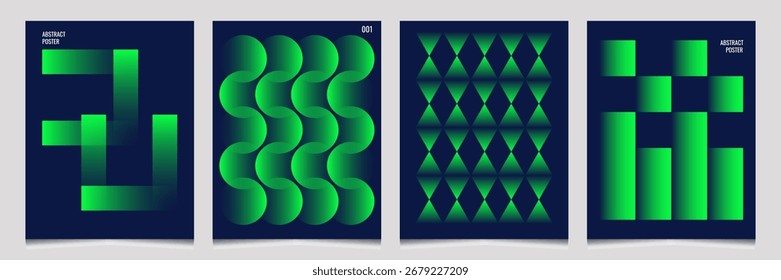 Set of posters in a geometric abstract style in neon green on a dark background. Vector.