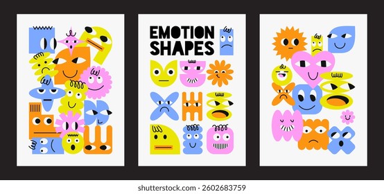 A set with posters of geometric characters with emotions on their faces. Simple shapes forms, symbols in bauhaus style. Template for a set of stickers, greeting cards, posters, planners. 