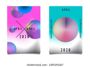 Set of posters with geometric composition of vibrant holographic chromatic oily 3d spheres. Minimal unique neon vaporwave futuristic cover design template for party event.