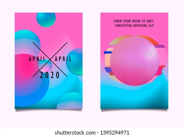 Set of posters with geometric composition of vibrant holographic chromatic oily 3d spheres. Minimal unique neon vaporwave futuristic cover design template for party event.