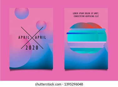 Set of posters with geometric composition of vibrant holographic chromatic oily 3d spheres. Minimal unique neon vaporwave futuristic cover design template for party event.