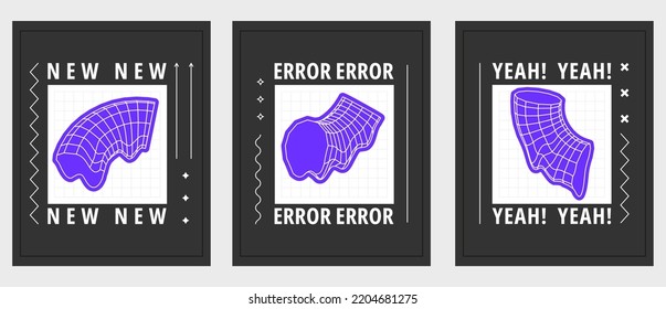 Set of posters with geometric distortion shapes or trendy brutalism style elements. Flat vector illustration with 3d wireframe models. Concept psychedelic techno style.