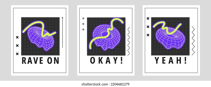 Set of posters with geometric distortion shapes or trendy brutalism style elements. Flat vector illustration with 3d wireframe models. Concept psychedelic techno style.