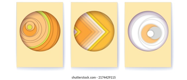 Set von Plakaten mit geometrischem Muster. Einfarbiges Motiv. Papierschichten mit Schatten. Vektorhintergrund. 3D-Illustration