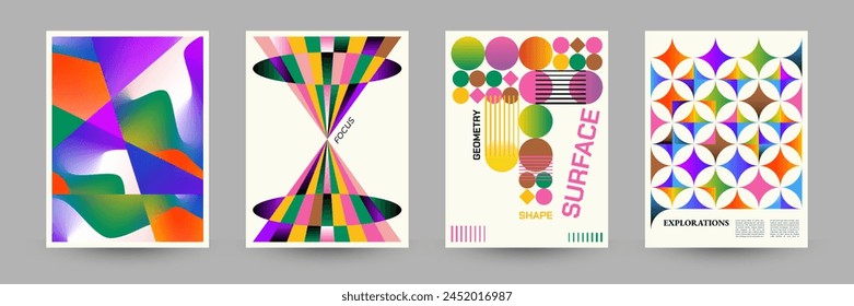 Conjunto de carteles con motivos geométricos. Gradientes de moda. Ondas, líneas, azulejos. Colores vibrantes. Ilustración vectorial. 