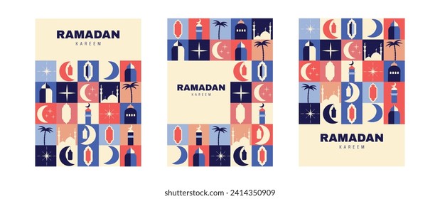 A set of posters in geometric style in bright colors. Holy holiday Ramadan.
Hijri. Raya Hari, Eid al-Adha. Vector illustration. White background