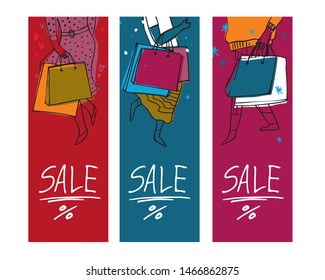 Set of posters with girls shopping and the inscription Sale. For window dressing of shops, shopping centers, Christmas and new year sales. Vector illustration drawn by hand