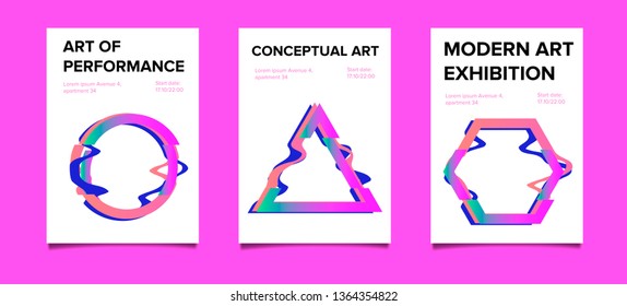 Set of posters for with Glitch Art Minimal Geometric Composition. Cyberpunk/ synthwave/ retrowave style illustrations, retrofuturistic 80s-90s aesthetics.