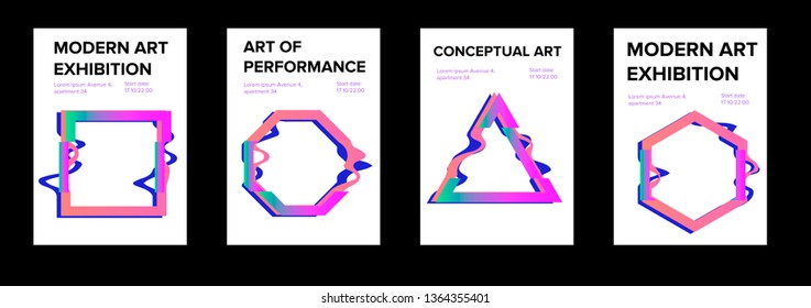 Set of posters for with Glitch Art Minimal Geometric Composition. Cyberpunk/ synthwave/ retrowave style illustrations, retrofuturistic 80s-90s aesthetics.