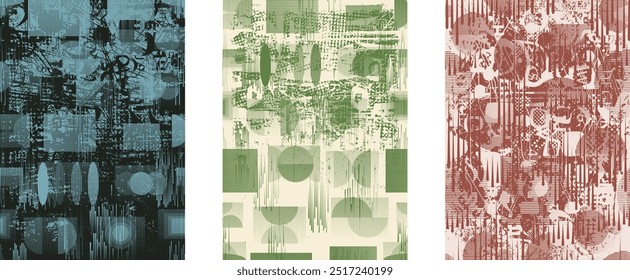 Set of posters with glitch distorted grunge texture. Poster collection texture with halftone dots, glitched shapes, textures and lines .Screen print vector poster pack with grunge textured surface
