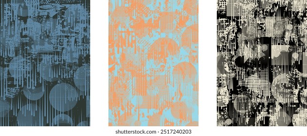 Set of posters with glitch distorted grunge texture. Poster collection texture with halftone dots, glitched shapes, textures and lines .Screen print vector poster pack with grunge textured surface