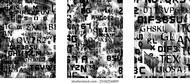 Conjunto de carteles con glitch distorsionado grunge textura. Textura de la colección del cartel con los puntos del halftone, las Formas fallidas, las texturas y las líneas. Paquete del cartel del Vector de la impresión de la pantalla con la superficie texturizada del grunge