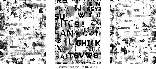 Set of posters with glitch distorted grunge texture. Poster collection texture with halftone dots, glitched shapes, textures and lines .Screen print vector poster pack with grunge textured surface