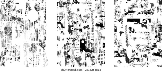 Plakatsatz mit glitch-verzerrter Grunge-Textur. Poster Kollektion Textur mit Rasterpunkten, glitzerten Formen, Texturen und Linien .Screen Print Vektor Poster Pack mit farbiger strukturierter Oberfläche