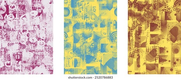 Conjunto de carteles con glitch distorsionado grunge textura. Textura de la colección del cartel con los puntos del halftone, las Formas fallidas, las texturas y las líneas. Paquete del cartel del Vector de la impresión de la pantalla con la superficie texturizada del grunge