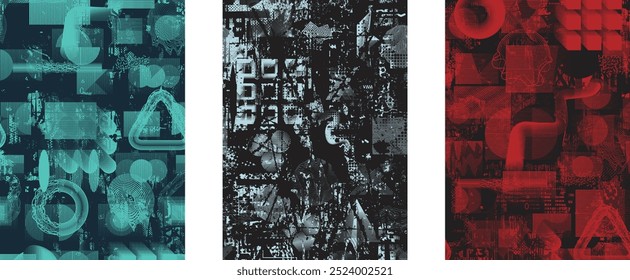 Conjunto de carteles con glitch distorsionado grunge textura. Textura de la colección del cartel con los puntos del halftone, las Formas fallidas, las texturas y las líneas. Paquete del cartel del Vector de la impresión de la pantalla con la superficie texturizada del grunge