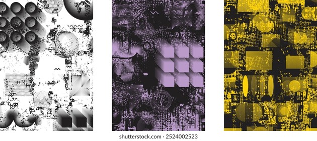 Set of posters with glitch distorted grunge texture. Poster collection texture with halftone dots, glitched shapes, textures and lines .Screen print vector poster pack with grunge textured surface