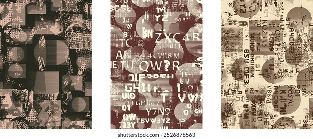 Set of posters with glitch distorted grunge texture. Poster collection texture with halftone dots, glitched shapes, textures and lines .Screen print vector poster pack with grunge textured surface