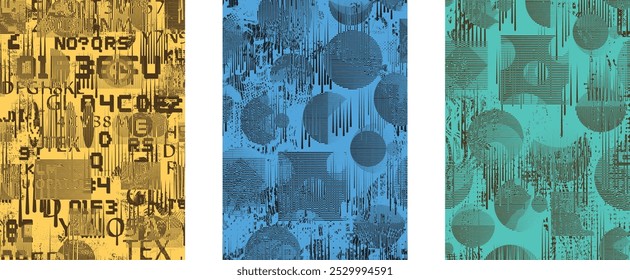 Set of posters with glitch distorted grunge texture. Poster collection texture with halftone dots, glitched shapes, textures and lines .Screen print vector poster pack with grunge textured surface