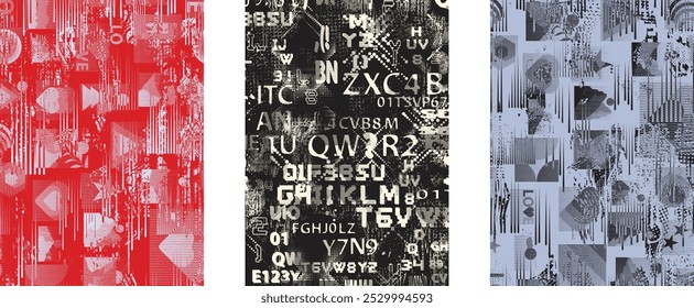 Plakatsatz mit glitch-verzerrter Grunge-Textur. Poster Kollektion Textur mit Rasterpunkten, glitzerten Formen, Texturen und Linien .Screen Print Vektor Poster Pack mit farbiger strukturierter Oberfläche