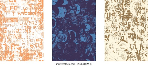 Set of posters with glitch distorted grunge texture. Poster collection texture with halftone dots, glitched shapes, textures and lines .Screen print vector poster pack with grunge textured surface