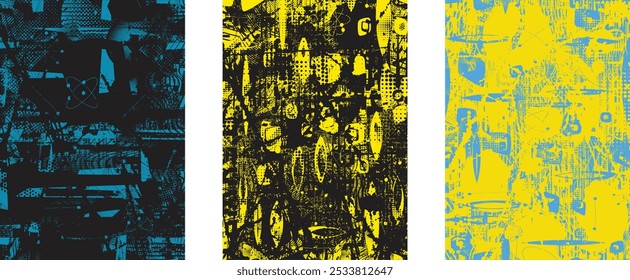 Set of posters with glitch distorted grunge texture. Poster collection texture with halftone dots, glitched shapes, textures and lines .Screen print vector poster pack with grunge textured surface