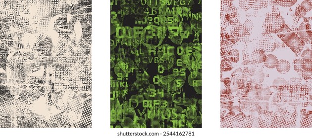 Conjunto de carteles con glitch distorsionado grunge textura. Textura de la colección del cartel con los puntos del halftone, las Formas fallidas, las texturas y las líneas. Paquete del cartel del Vector de la impresión de la pantalla con la superficie texturizada del grunge