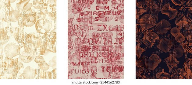 Set of posters with glitch distorted grunge texture. Poster collection texture with halftone dots, glitched shapes, textures and lines .Screen print vector poster pack with grunge textured surface