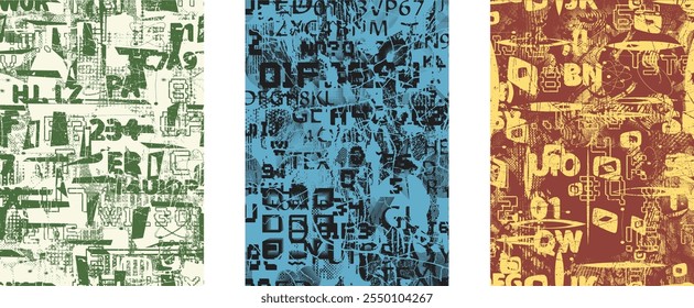 Set of posters with glitch distorted grunge texture. Poster collection texture with halftone dots, glitched shapes, textures and lines .Screen print vector poster pack with grunge textured surface