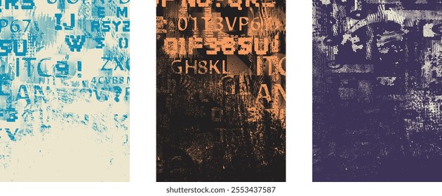 Set of posters with glitch distorted grunge texture. Poster collection texture with halftone dots, glitched shapes, textures and lines .Screen print vector poster pack with grunge textured surface