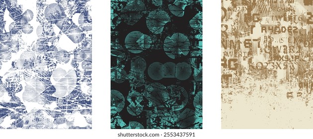 Set of posters with glitch distorted grunge texture. Poster collection texture with halftone dots, glitched shapes, textures and lines .Screen print vector poster pack with grunge textured surface