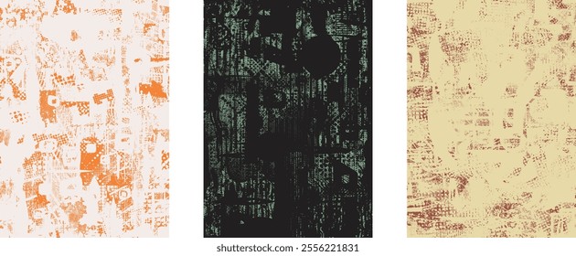 Set of posters with glitch distorted grunge texture. Poster collection texture with halftone dots, glitched shapes, textures and lines .Screen print vector poster pack with grunge textured surface