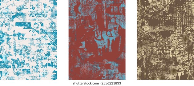 Set of posters with glitch distorted grunge texture. Poster collection texture with halftone dots, glitched shapes, textures and lines .Screen print vector poster pack with grunge textured surface