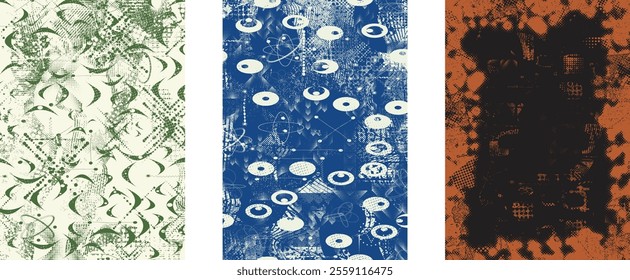 Set of posters with glitch distorted grunge texture. Poster collection texture with halftone dots, glitched shapes, textures and lines .Screen print vector poster pack with grunge textured surface