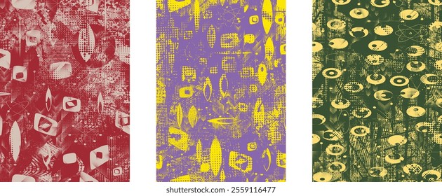 Set of posters with glitch distorted grunge texture. Poster collection texture with halftone dots, glitched shapes, textures and lines .Screen print vector poster pack with grunge textured surface