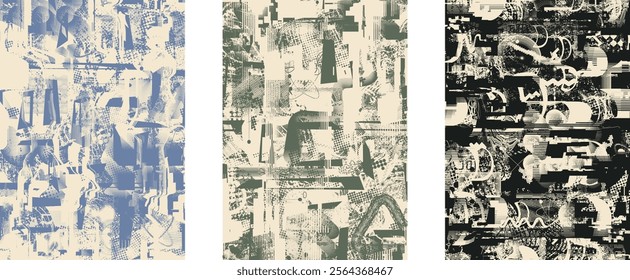 Set of posters with glitch distorted grunge texture. Poster collection texture with halftone dots, glitched shapes, textures and lines .Screen print vector poster pack with grunge textured surface