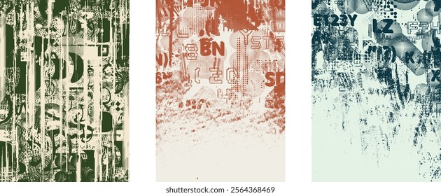 Set of posters with glitch distorted grunge texture. Poster collection texture with halftone dots, glitched shapes, textures and lines .Screen print vector poster pack with grunge textured surface