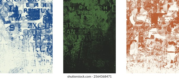 Set of posters with glitch distorted grunge texture. Poster collection texture with halftone dots, glitched shapes, textures and lines .Screen print vector poster pack with grunge textured surface