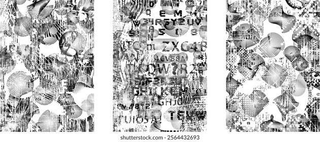 Set of posters with glitch distorted grunge texture. Poster collection texture with halftone dots, glitched shapes, textures and lines .Screen print vector poster pack with grunge textured surface