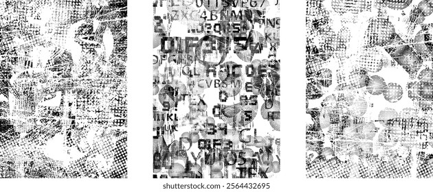 Set of posters with glitch distorted grunge texture. Poster collection texture with halftone dots, glitched shapes, textures and lines .Screen print vector poster pack with grunge textured surface