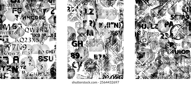 Set of posters with glitch distorted grunge texture. Poster collection texture with halftone dots, glitched shapes, textures and lines .Screen print vector poster pack with grunge textured surface