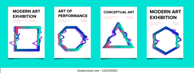 Set of posters with glitched geometric shapes. Banner, Poster, Flyer, Brochure, Card.